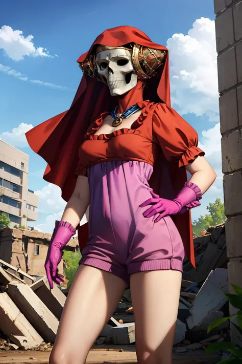 masterpiece, best quality, looking at viewer, standing, battlefield, rubble, from front, ruins,
<lora:zs_MotherHarlot:1> motherharlotsmt, skull, dress, gloves, jewelry, puffy sleeves