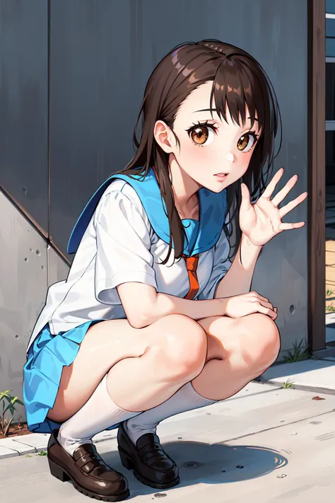 masterpiece, best quality, highres, ondr, 1girl, school uniform, white socks, serafuku, blue skirt, pleated skirt, necktie, <lora:onodera_kosaki_v10:0.7>, squatting, waving