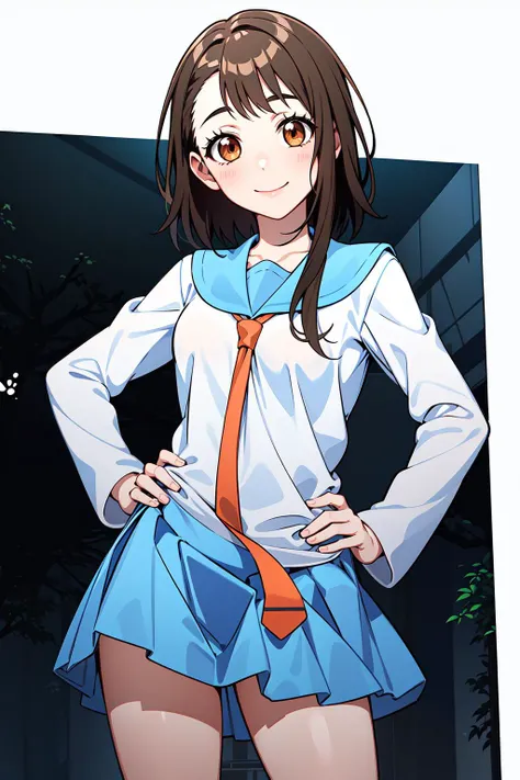 masterpiece, best quality, highres, ondr, 1girl, school uniform, white socks, serafuku, blue skirt, pleated skirt, necktie, <lora:onodera_kosaki_v10:0.7>, cowboy shot, standing, smile, hand on hip