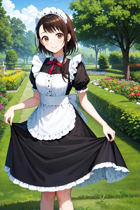 masterpiece, best quality, highres, aakosaki, brown hair, sidelocks, <lora:onodera_kosaki_v2:0.7>, maid, maid headdress, smile, skirt hold, garden, standing