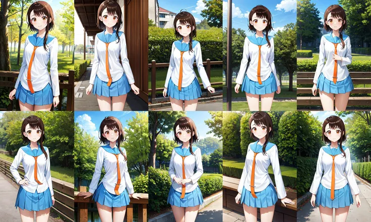 masterpiece, best quality, highres, aakosaki, brown hair, sidelocks, school uniform, blue sailor collar, orange necktie, white shirt, long sleeves, pleated skirt, blue skirt, <lora:onodera_kosaki_v2:0.7>, standing, cowboy shot, outdoors