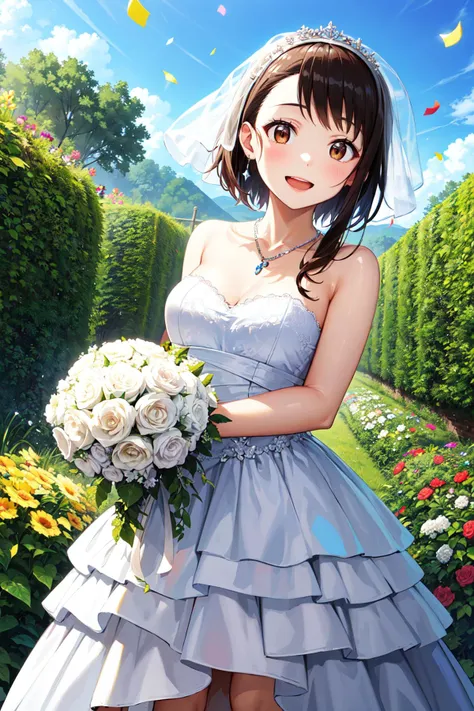 masterpiece, best quality, highres, aakosaki, brown hair, sidelocks, <lora:onodera_kosaki_v2:0.7>, wedding dress, white dress, strapless, necklace, garden, smile, open mouth, standing, cowboy shot, holding bouquet, confetti,