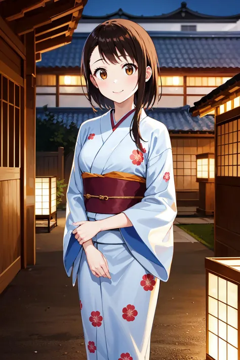 masterpiece, best quality, highres, aakosaki, brown hair, sidelocks, <lora:onodera_kosaki_v2:0.7>, shrine, japanese clothes, yukata, night, standing, cowboy shot, smile, v arms,