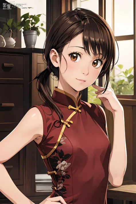 8k high quality detailed,highres,anime,comic,detailed image,
(an illustration of a teenage girl posing,(an illustration of girl,teenage girl)),(magazine_illustration),
(,aakosaki,1girl,brown hair,pony-tail,sidelocks,brown eyes,small breasts),((Beaming Smile):0.8),detailed_face,
((One hand on the hip, the other hand raised to the head,):0.8),
((,XCYP Cheongsam beauties):0.85),(,realistic clothing texture,realistic_skin_texture),<lora:onodera_kosaki_v2:0.65>,<lora:20240221-1708525432688:0.6>,<lora:more_details:0.2>
