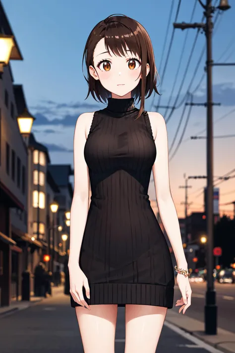 masterpiece, best quality, highres, aakosaki, brown hair, sidelocks, <lora:onodera_kosaki_v2:0.7>, sweater dress, sleeveless, ribbed sweater, standing, cowboy shot, night, street
