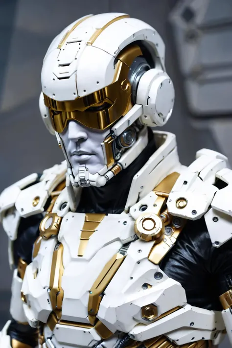 Futuristic Elvis, robotic armor, cybernetic enhancements, white illuminated visor, detailed exoskeleton, matte cream finish, tactical gear, science fiction themed, menacing presence, high-tech weaponry, utopian performer, white and gold color scheme, close-up portrait, dramatic lighting,