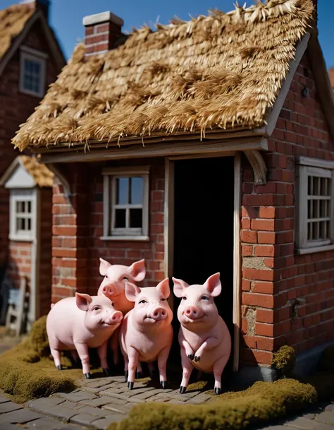 breathtaking vibrant award-winning, intricately crafted hyper-realistic wax models or sculptures of the Three Little Pigs story Three Little Pigs, . Each sculpture emphasizes the realism, texture, and lifelike appearance of the porcine characters and their houses, lifelike appearance, . The attention to detail in capturing the straw, wood, and brick houses straw, wood , brick house, adds depth to the artwork professional cinematic photograph.
