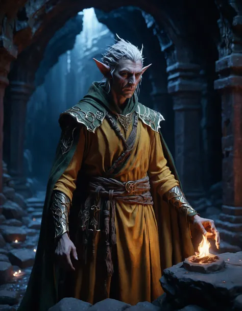 Icepunk, landscape of a (a sad wood elf pulsing with necrotic energy in an in an underground prison at twilight during summer, power auras, sigils, tattered cloth robes, substance 3d painter, cinematic, high detail, 8k, smooth gradients, high contrast, depth of field, aperture f2.8, vray-2:1.3) from inside of a Machu Picchu, dressed in Mustard Cobblestone all, winter lake, Ultra Real, 80mm, in the style of the great wave