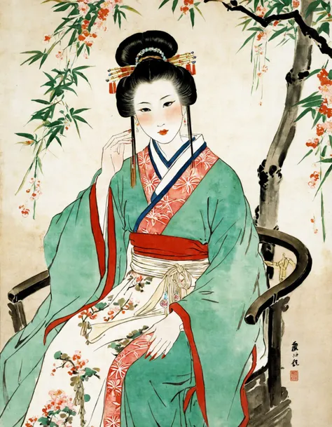 A traditional Chinese painting depicting a beautiful woman dressed in elegant Hanfu clothing. Her hair is styled in intricate braids adorned with jade pins and pearls. She sits gracefully on a woven bamboo chair under the shade of a willow tree, surrounded by blooming plum blossoms. The painting is done in watercolor on rice paper, with fine brushstrokes capturing every detail of her features and the natural environment around her.