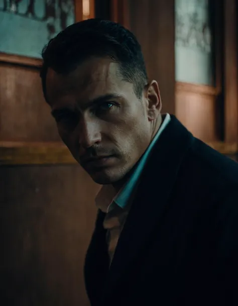 portrait of a man, person of South Eastern European ethnicity, Cinematic photographer, Sony A7S III, evoking film scenes, dramatic lighting, emotive storytelling