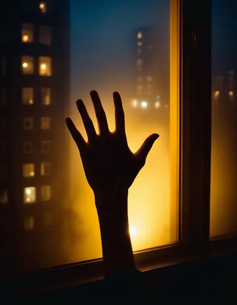 breathtaking vibrant award-winning photograph, someone is reaching out of a window to catch something in the fog, smartphone resolution, realistic hand, warm yellow lights, inspired by Nadir Afonso, arm reaching out of thick fog, photo taken at night, on his left hand, low - lighting, smog, distance professional cinematic photograph.