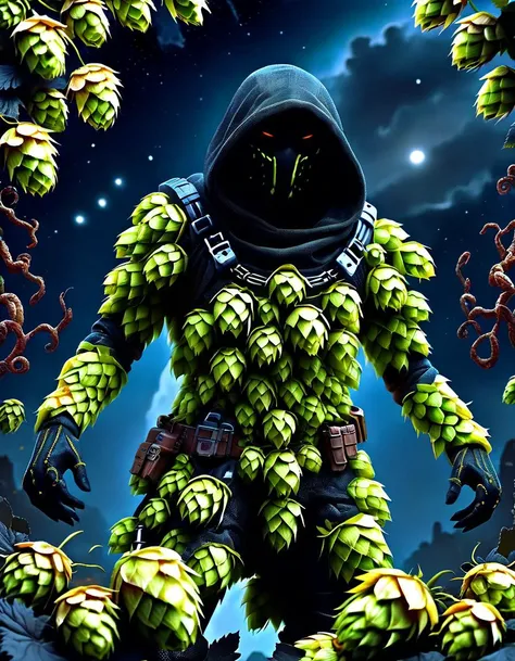 portrait, solo, (full body:0.6), looking up, detailed background, detailed face, warp, scifi, excessive energy, ulblackholetech theme:1.1), dark shadow-assassin, hidden truth, corruptor outfit, hood, colorful armour, ral-hops belt, dark ral-hops intent, creeping shadows, dynamic pose, specters in background, starry night sky, wind blowing, eerie calm, ominous atmosphere <lora:ral-hops:1> ral-hops