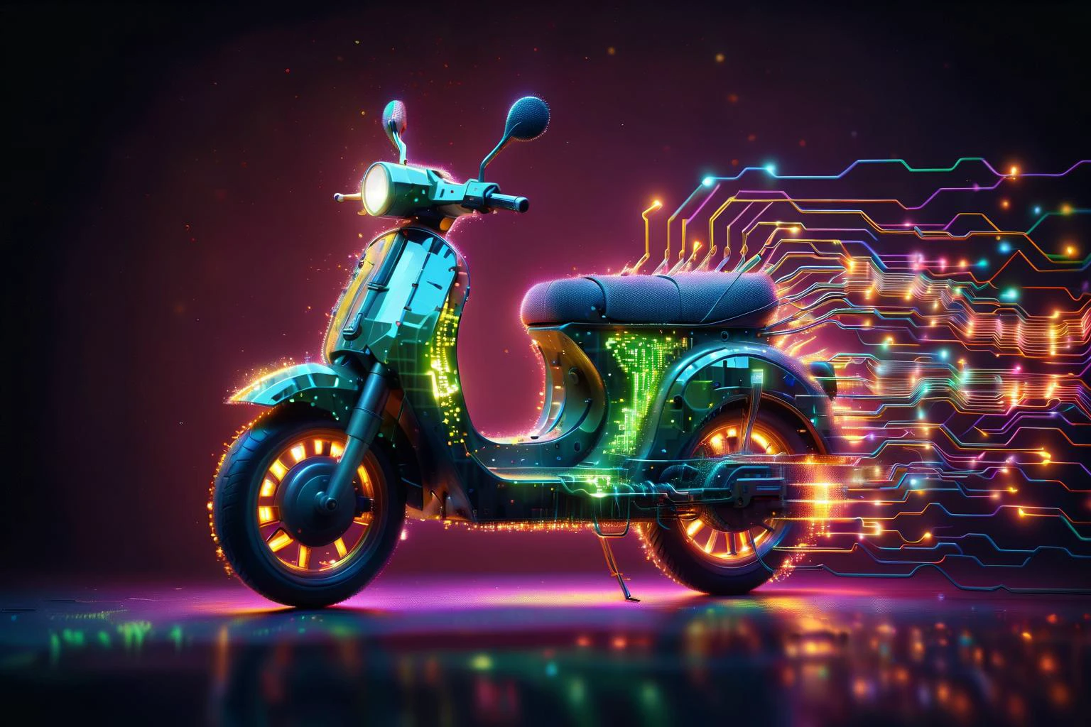 vibrant colorful advertising photograph of low poly plasma electric neon Kirlian effect in the shape of a network node visualization in the shape of a vintage puch moped (dissolving into electric circuit pixels:1.3), sound waves propagating outwards in sinusoidal audio wave patterns, detailed aura captured on film