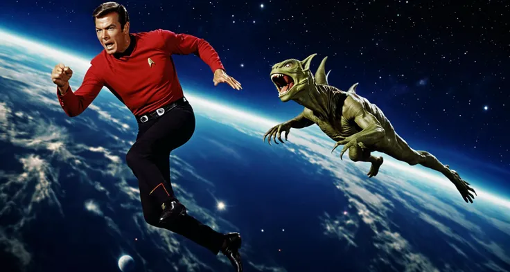 zdyna-pose breathtaking vibrant award-winning photograph, a red shirt from the 1960s Star Trek, leaping into the mouth of a b-movie alien creature on a strange planet, professional cinematic photograph.