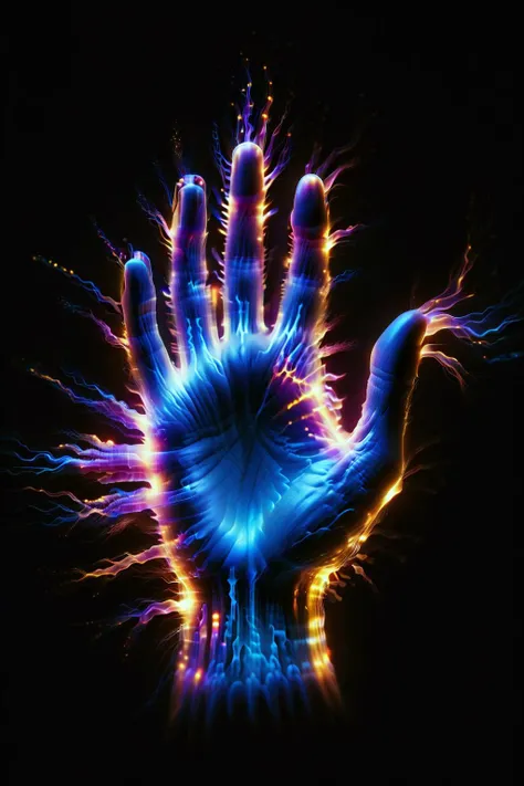 scientific photograph of plasma electric neon Kirlian effect in the shape of a hand dissolving into pixels, detailed aura captured on film