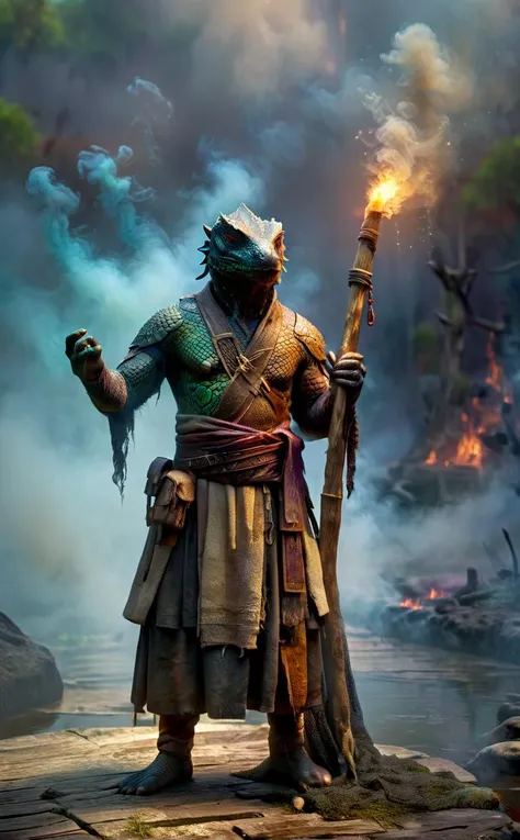 1 Lizard Man, worn for a long time Komodo dragon, a monk wearing a wool Religious habit, leaning on a wooden stick in one hand
Break, The background is a huge swamp with a mixture of different colors of smoke swirling around and softly glowing runes engraved on the bottom.
Break, full shot, cinematic lighting, dramtic Scene,High quality 3D rendering, fantasy, Pixar 3D character design style, ZBrush high-polygon modeling,
<lora:add-detail-xl:0.8>, <lora:xl_more_art-full_v1:0.5>, <lora:Arcane:0.6> ais-rcn, <lora:CinEro-Anatomy-LoRa-XL_v1.1:0.5>