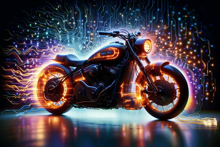 vibrant colorful advertising photograph of low poly plasma electric neon Kirlian effect in the shape of a network node visualization in the shape of a vintage harley davidson motorcycle (dissolving into electric circuit pixels:1.3), propagating backwards behind it in sinusoidal audio wave patterns, radiating heat, detailed aura captured on film, exciting, exhilarating, inside a wind tunnel