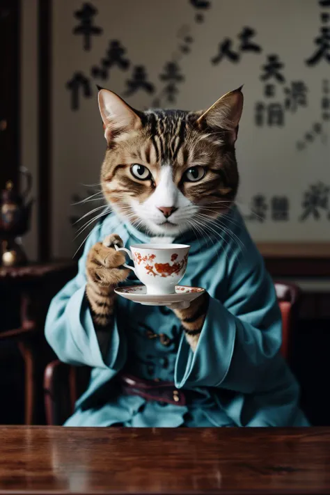 There is a cat that is sitting at a table with a cup - SeaArt AI