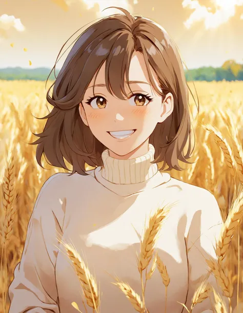 Youthful Smile in Golden Fields, digital art, young woman, brown hair, hazel eyes, big smile, wheat field, sunny, backlighting, bokeh, fluffy hair, casual clothing, turtleneck sweater, ambient lighting, warm tones, daytime, outdoors, serene, illustration, anime style.