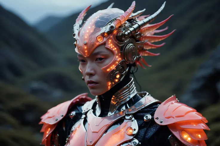 cinematic still from a fantasy film at twilight, portrait of a biomechanical gem dragon, wearing a Coral bodyarmor by alexander mcqueen and dior, is a hacker trying to free minds trapped in a simulation, soft diffused light, biotechnology, humanoid robot, perfectly symmetric, bjork aesthetic, translucent, by rineke dijkstra, intricate details, highly detailed, masterpiece, cinematic, high detail, 8k, smooth gradients, high contrast, depth of field