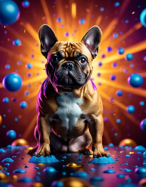 breathtaking vibrant award-winning mesmerizing splash art masterpiece of a brown French Bulldog with dark eyes, black nose, and a hyperdetailed, psychedelic style. Vibrant colors and dynamic movement showcase this delightful breeds energetic spirit. Unleash your creativity with the golden ratio, and witness magic come to life in vivid 8k resolution, professional cinematic photograph.
