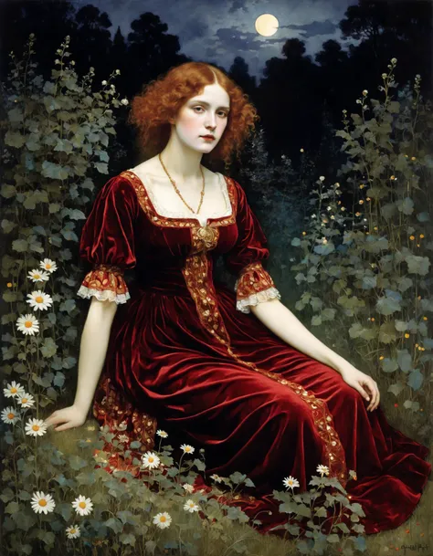 wearing a red velvet dress, sitting in an overgrown garden with daisies at her feet, lit by soft moonlight. The art style is inspired by Gustav Klimt's golden phase.