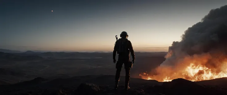 A dramatic cinematic film still of a screaming resistance fighter is tasked with terraforming a hostile planet. the scene is from a dark sci-fi film. the atmosphere is dark and gritty. professional cinematic lighting engulfs the whole scene. the art direction is of the highest level. the scene is directed by a hollywood veteran sci-fi director. the atmosphere of the scene is realistic and based in the hard sci-fi genre.