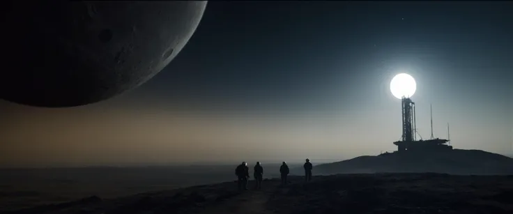 A dramatic cinematic film still of a melancholic drone swarm coordinator needs to repair a space elevator to a dying moon colony. the scene is from a dark sci-fi film. the atmosphere is dark and gritty. professional cinematic lighting engulfs the whole scene. the art direction is of the highest level. the scene is directed by a hollywood veteran sci-fi director. the atmosphere of the scene is realistic and based in the hard sci-fi genre.