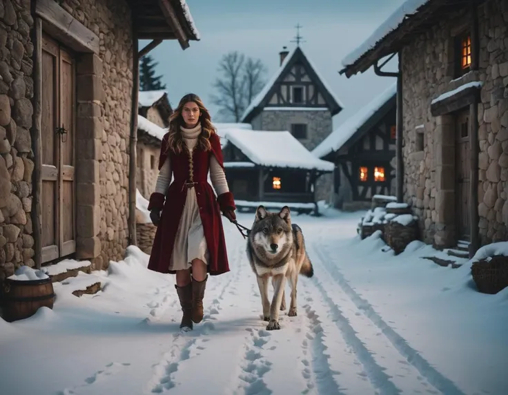 winternight in a medieval village, girl wearing warm attire walking in thick snow with a wolf, fantasy, oil paint, colorful, magic, intricate, elegant, highly detailed, extremely detail, professional, cinematic, light shining, sharp focus, beautiful, cute, artistic, symmetry, innocent, mystical, enhanced, complex, joyful, inspired, color, clear, perfect