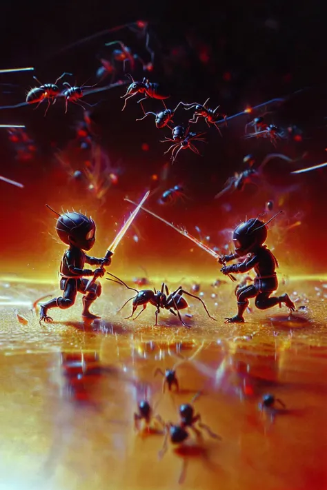 vhs glitch found footage ral-elctryzt mini ninjas fighting an ant. miniature art, brilliant crimson, elastic, photonics, vicious, tangled, incandescent, bizarre, envious, mirror-like