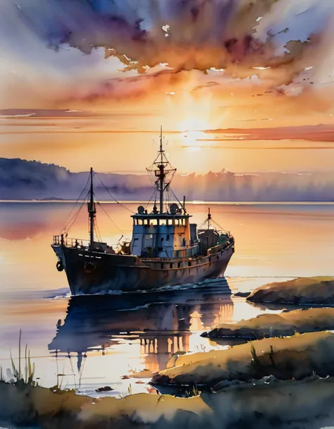watercolor painting of a ship at sunset natural light, concept art, by greg rutkowski, cozy atmospheric and cinematic lighting