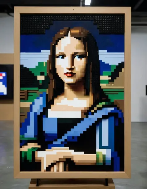 A Minecraft-style pixelated version of the Mona Lisa, with an intense gaze of the subject, is displayed on a video screen in a dimly lit room. The video art is set to a denim palette, with a blue and white color scheme. The video shows the pixelated image of the Mona Lisa slowly zooming in on her face, with a close-up of her eyes and mouth. The video is accompanied by a haunting melody, creating a moody and introspective atmosphere. The video art is displayed in a gallery setting, with other Minecraft-style pixelated art pieces surrounding it., Minecraft-style pixelated art, blocky textures, vibrant colors, in the style of Cory Arcangel.