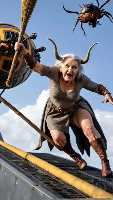 dutch angle, from below, An old woman in a blockbuster movie, playing the role of a janitor grandmother with a broom, is fighting a giant bug, highly detailed, whirling bokeh, dynamic, depth of field