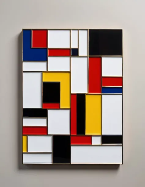 A geometric abstract shape, reminiscent of Piet Mondrian's style, created from cut outs of glossy magazine covers