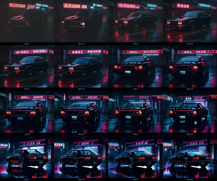 A sleek and low-riding Japanese JDM car is parked on a wet road at night. The car's body is painted in a deep shade of black with red accents. Neon lights are illuminating the car from underneath, casting an eerie glow on the surrounding area. Fog surrounds the car, creating a mysterious and atmospheric scene. The headlights are shining brightly through the fog, casting long shadows on the wet road. The sound of raindrops hitting the roof can be heard in the background, adding to the ambiance.