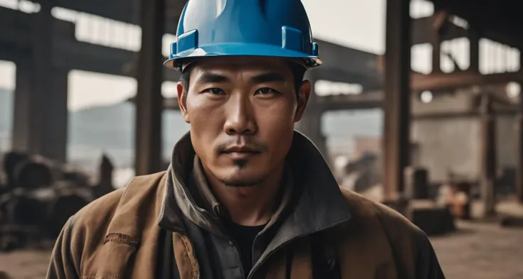 breathtaking RUSTIC detailed environmental color portrait photograph of steelworker in Korea cinematic bright brilliant photorealistic rustic shot