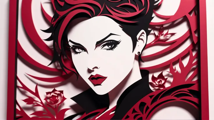 Stacked papercut art of ruby rose vampire,  . 3D, layered, dimensional, depth, precision cut, stacked layers, papercut, high contrast