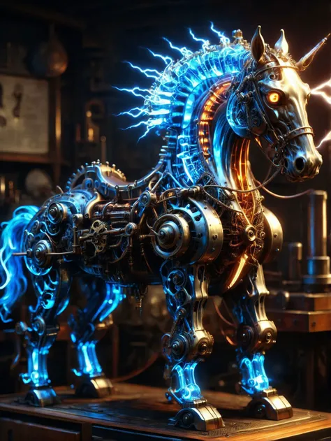 A tall steampunk and t3slapunkai mechanical trojan horse, blue glowing eyes. glowing orange amplifier tubes line its saddle, sharp fractal blue lightning arks through it's body, made of Biomech, in a dimly lit laboratory at midnight, Chiaroscuro. <lora:Da_Vinci:.8> , <lora:TeslaPunkAIv2:1> , low angle camera looking up at the horse