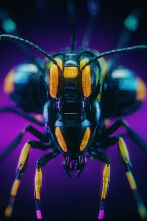 vhs glitch detailed closeup macro portrait of cyberpunk cybernetic robotic evil wasp, cinematic, hires 8k, intricate, dark background, dark and gritty