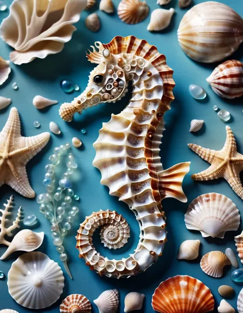 Seahorse made from seashells, oceanic background, whimsical illustration, in the style of Robert Wyland