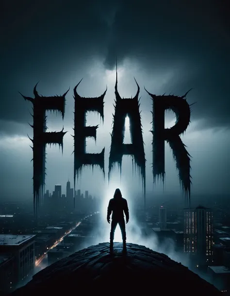 Fear text logo, A figure with long arms and legs over a cityscape. The figure represents fear overpowering. The skyline is dark and ominous.