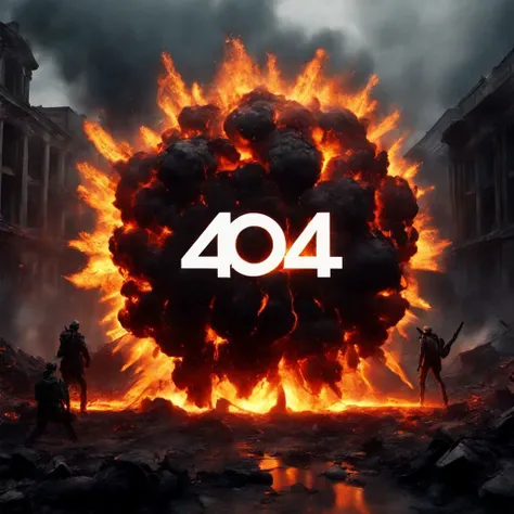 battlefield in a war between humans and cyborgs, fiery explosion in the shape of (404)