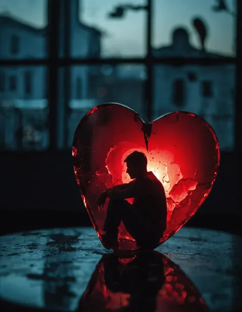 sad human sitting inside the cracked bloody Glass heart, macro photography, dramatic lighting, dark, sad and lonely, bokeh