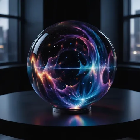 Imagine a captivating, futuristic artwork inspired by Android Jones, featuring a glass orb on a sleek tabletop. Inside the orb, dynamic flames dance in an ever-changing display, their colors more vivid than any natural fire. The black background is not merely empty space, but a canvas for subtle, ray-traced holographic projections that interact with the orb, creating an illusion of depth and movement. These projections might include floating geometric shapes or faint, galaxy-like swirls, adding a layer of cosmic mystery to the scene. The entire piece is a mesmerizing blend of holography and ray tracing technology, resulting in a visually stunning and mind-blowing work of art.