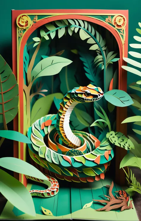 papercraft style <lora:Dalle3mixLoha:0.6>, an open pop-up book, telling the story of a snake lost in a lush jungle, fantasy book illustration, detailed book illustration, stunning detailed picture, story book design