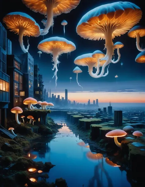 A photo-realistic image of a cityscape turned upside down, intricate accurate details, capturing the unsettling perspective and the gravity-defying architecture, 8K., featuring Glowing Fungi on Shore, in the style of rayonism, by artists Robert Storm Petersen, Takahashi Yuichi