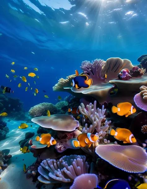 A vibrant coral reef teeming with life; radiant clownfish, neon-blue tangs, and fluorescent corals under the crystal clear waters, capturing the myriad of colors and the richness of underwater ecosystems, 8K.