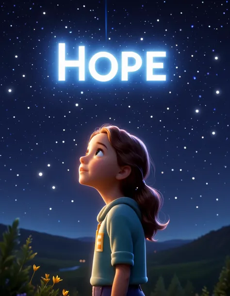 Hope text logo, A girl named Hope looking up at the night sky in wonder. In pixar style