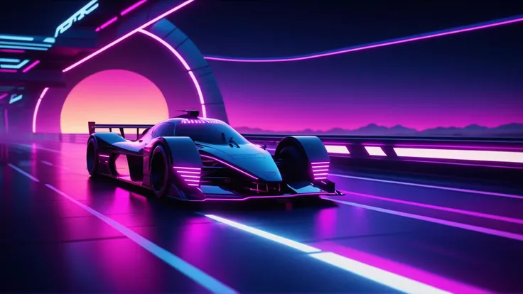 neonpunk style a long futuristic racetrack, sunset,  . cyberpunk, vaporwave, neon, vibes, vibrant, stunningly beautiful, crisp, detailed, sleek, ultramodern, magenta highlights, dark purple shadows, high contrast, cinematic, ultra detailed, intricate, professional