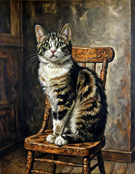 An oil painting of a cat, painted in the mid-nineteenth century style, depicts a black and white tabby cat sitting on a wooden chair in a dimly lit room. The cat's fur is painted with intricate details, showing the texture of each hair. The room has a surreal texture, with walls made of swirling, abstract patterns. The floor is made of a checkered pattern, and the ceiling has a starry sky painted on it. The cat's eyes are painted with a deep, dark brown, and its fur is painted with a mix of warm and cool tones, giving it a three-dimensional effect. The painting is engraved with intricate details, including the cat's whiskers and the texture of the wooden chair. The engraving adds a layer of depth and texture to the painting, making it appear almost three-dimensional.